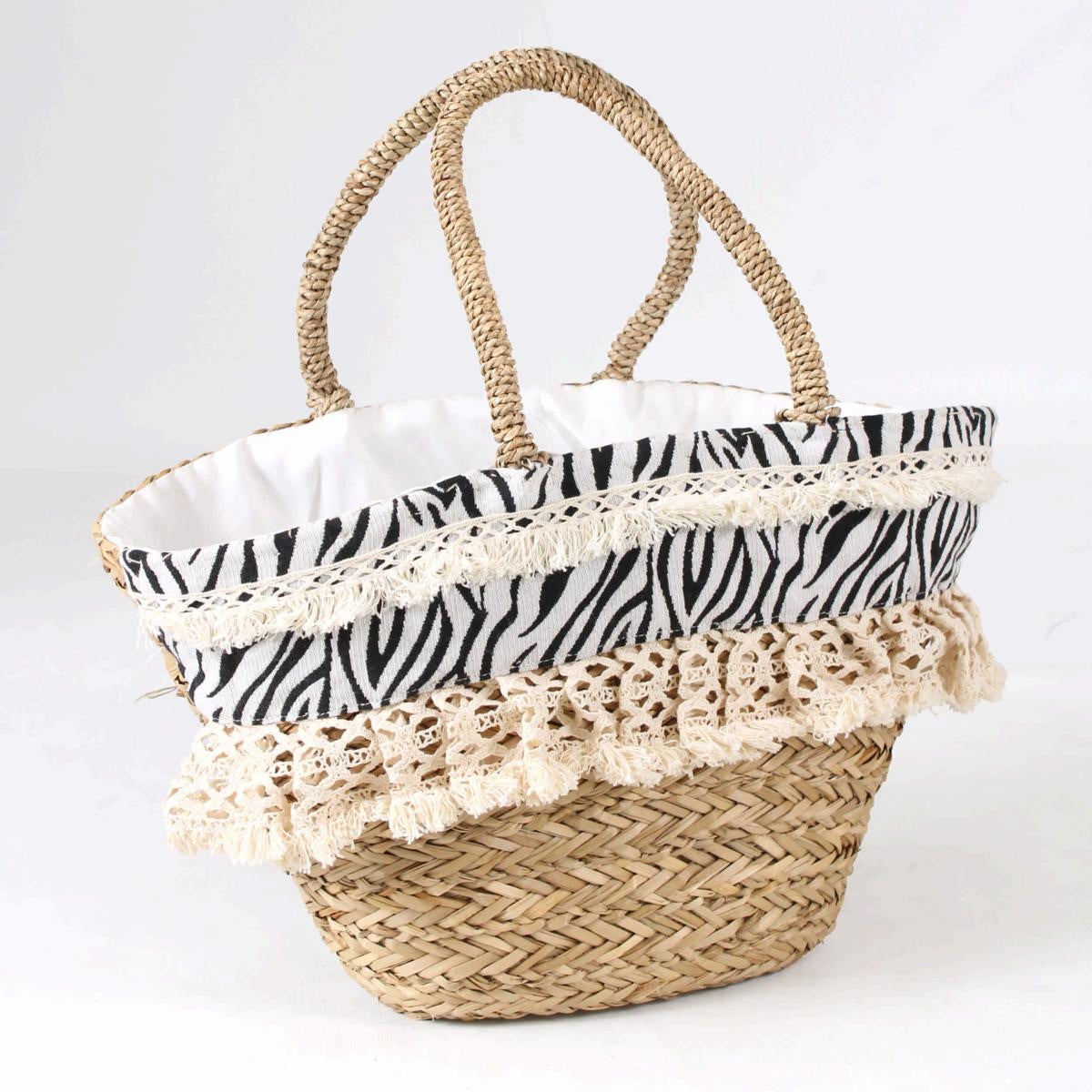 Borsa ovale in erba intrecciata con fascia zebrata e pizzo, 59x30 cm