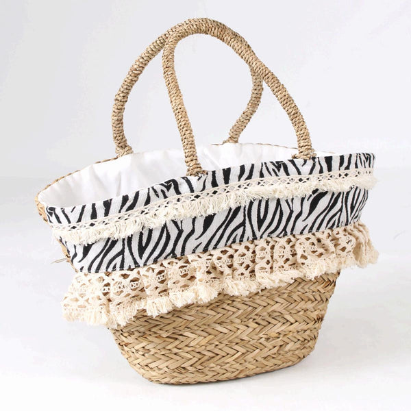 Borsa ovale in erba intrecciata con fascia zebrata e pizzo, 59x30 cm