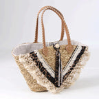 Borsa ovale in erba intrecciata con decoro leopardato e pizzo, 59x30 cm