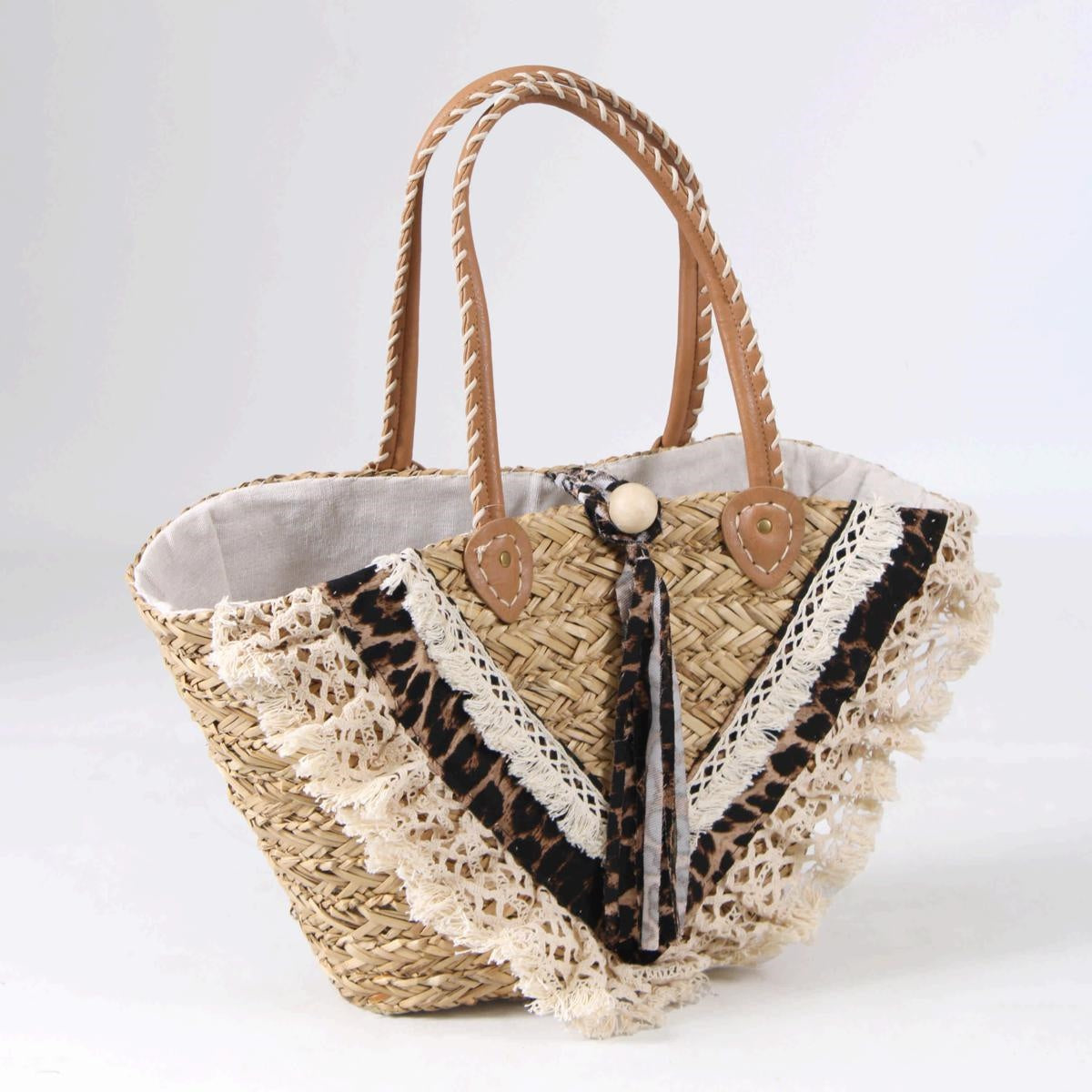 Borsa ovale in erba intrecciata con decoro leopardato e pizzo, 59x30 cm