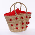 Borsa in fibre naturali con pompon rossi, 53xH30 cm