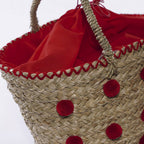 Borsa in fibre naturali con pompon rossi, 53xH30 cm