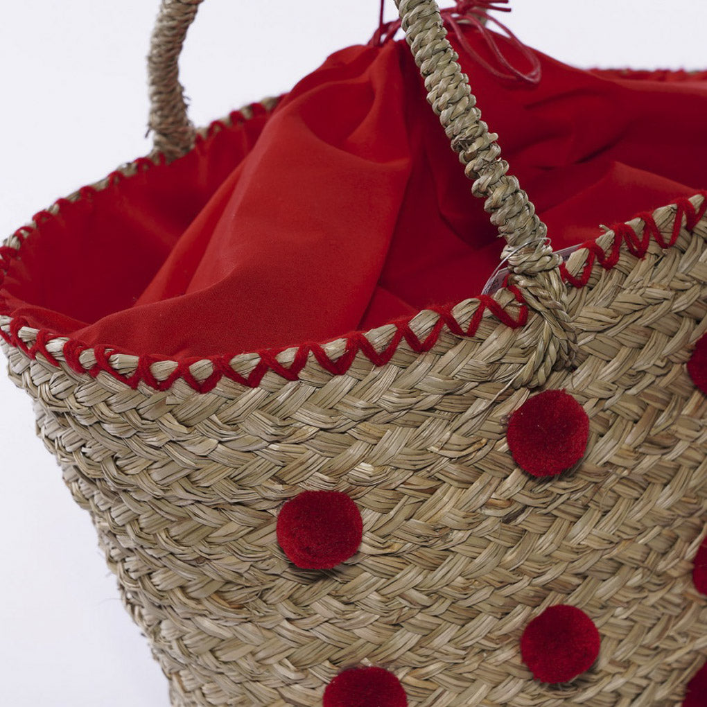 Borsa in fibre naturali con pompon rossi, 53xH30 cm