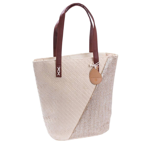 Borsa bicolore panna e argento in fibre naturali con manici in ecopelle, 36x33 cm