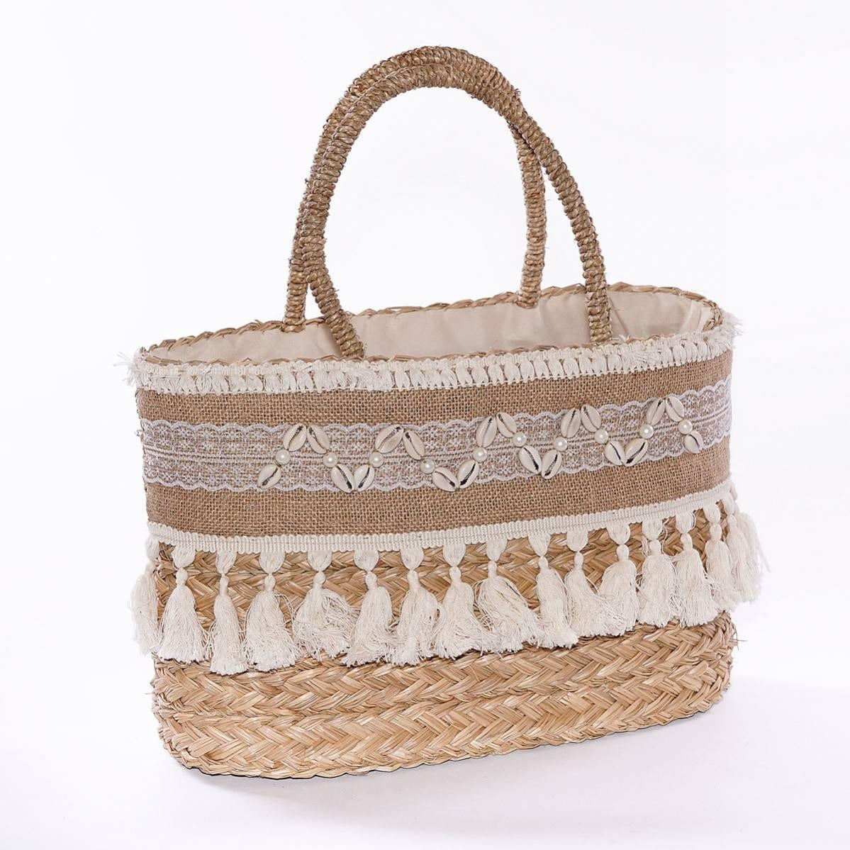 Borsa ovale in palma con frangia in juta marrone, 42H26 cm