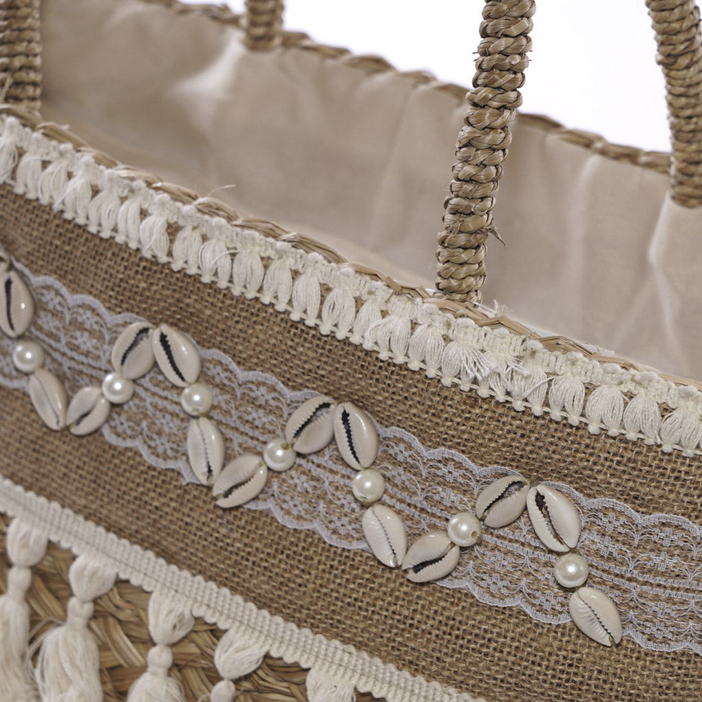 Borsa ovale in palma con frangia in juta marrone, 42H26 cm