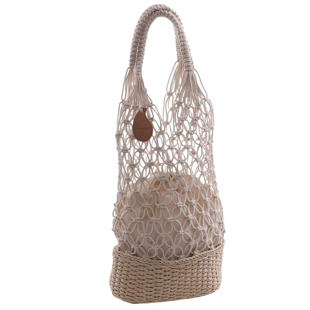Borsa a rete in fibre naturali e cotone beige, 30xH63 cm