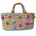Borsa ovale in erba con pompon colorati, 43H20 cm