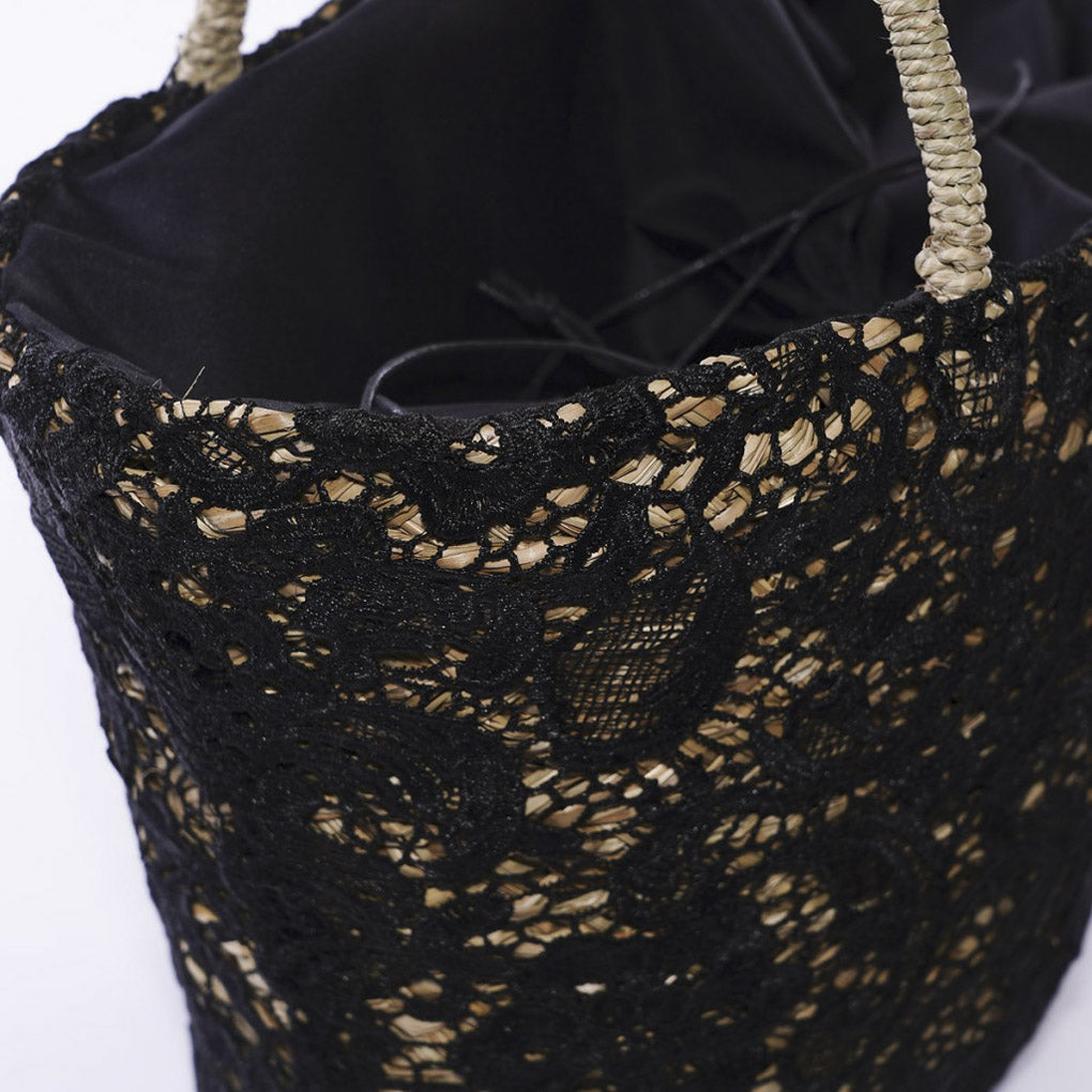 Borsa ovale in erba con pizzo nero, 56xH30 cm