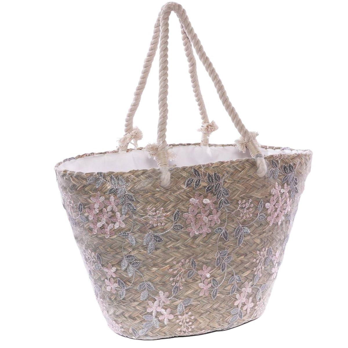 Borsa ovale in fibre naturali con fiori in pizzo e manici in corda, 56x30 cm
