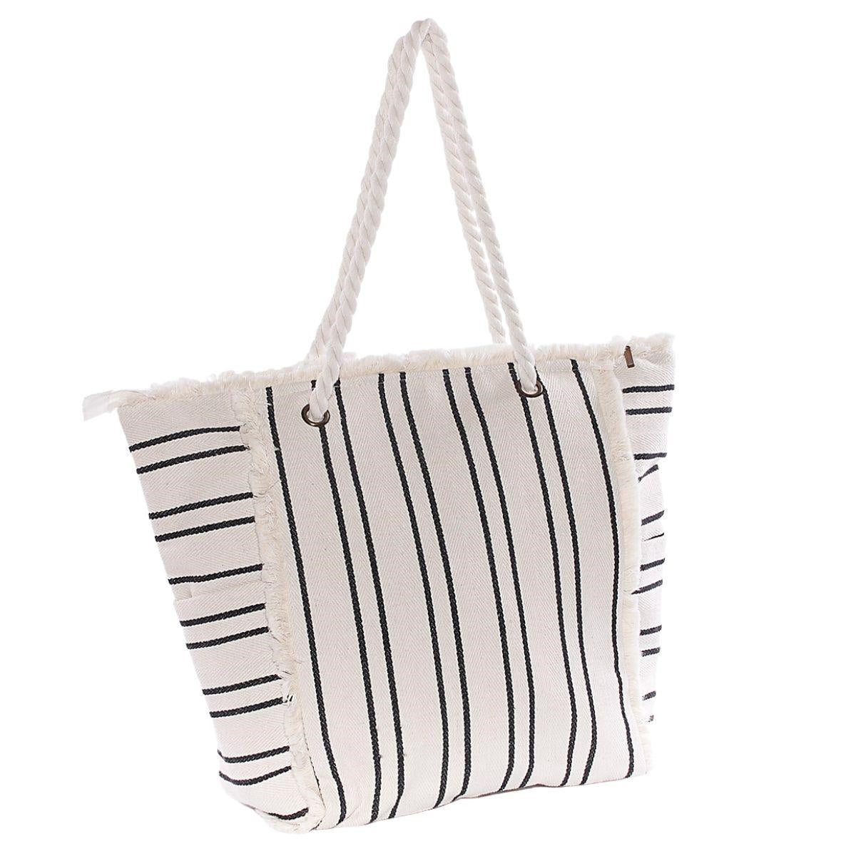 Borsa da mare in cotone bianco a righe nere con manici in corda, 31x36 cm