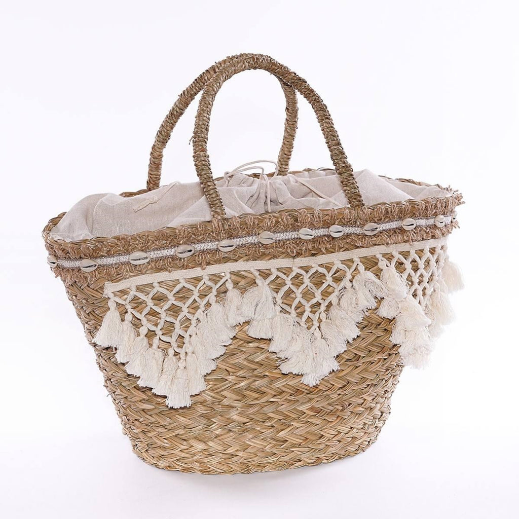 Borsa in fibre naturali con nappine, 53xH30 cm