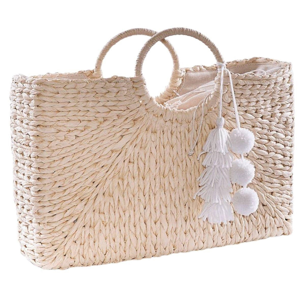 Borsa rettangolare in fibre naturali con manici tondi e nappe, 47x12x32 cm