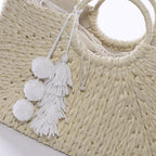 Borsa rettangolare in fibre naturali con manici tondi e nappe, 47x12x32 cm