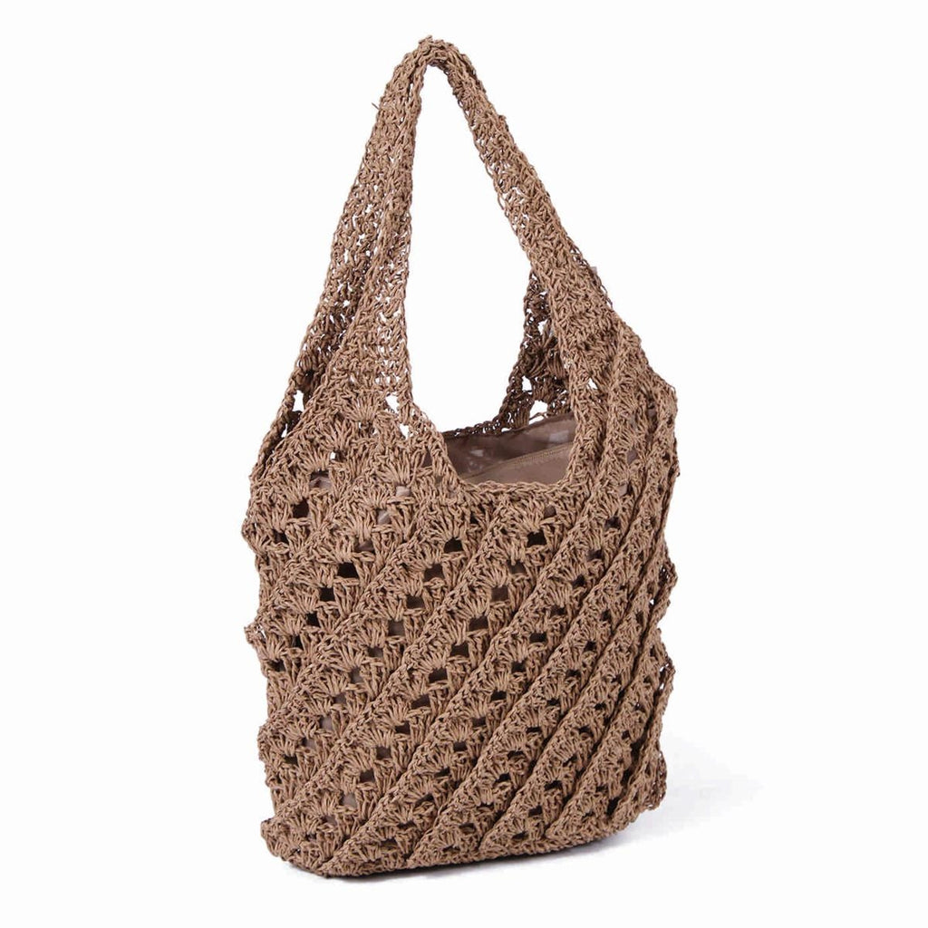 Borsa a sacca traforata in cellulosa tessile nocciola, 38x28 cm
