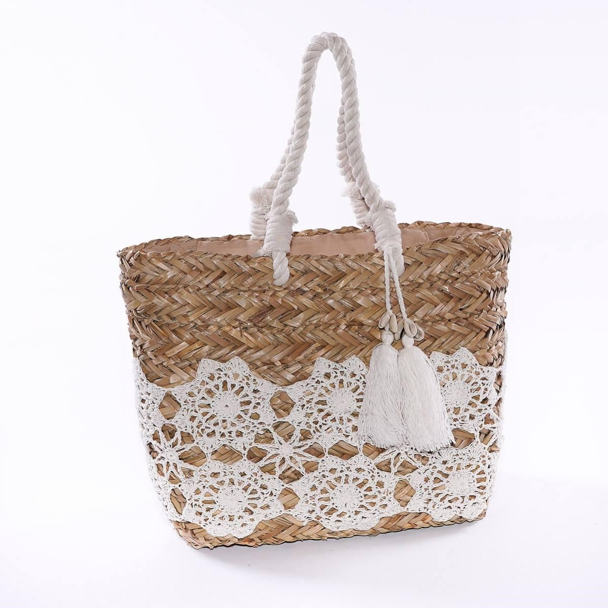 Borsa in palma e pizzo, 45x28 cm