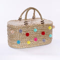 Borsa in fibre naturali con pompon multicolore, 43x20 cm