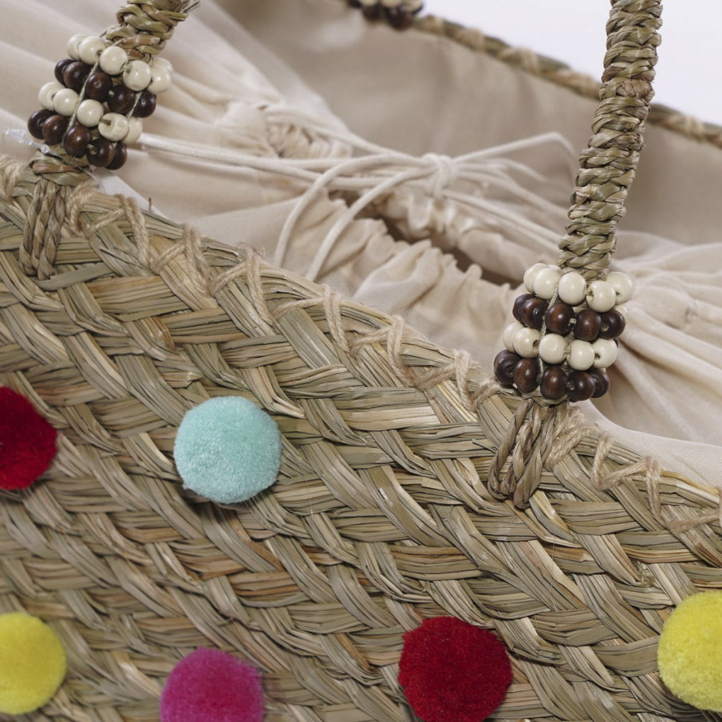Borsa in fibre naturali con pompon multicolore, 43x20 cm