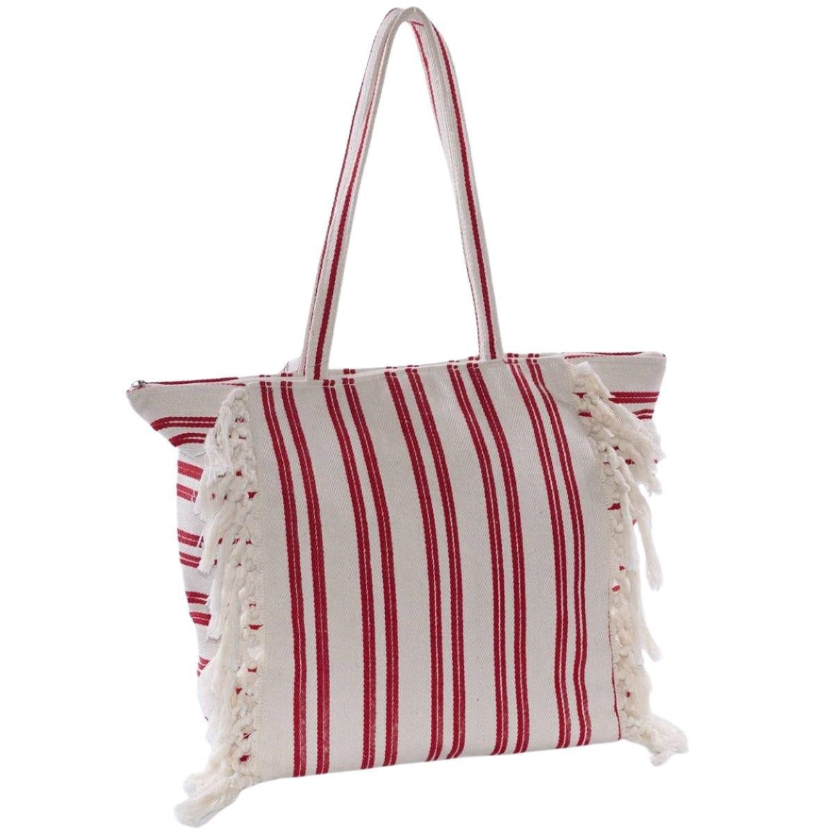 Borsa da mare in cotone a righe rosse con frange, 51x35 cm