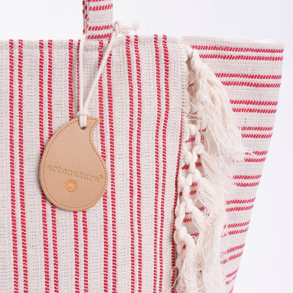 Borsa da mare in cotone a righe rosse con frange, 51x35 cm