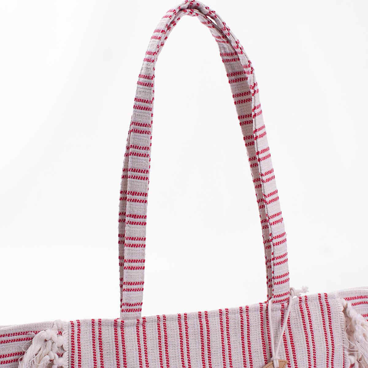 Borsa da mare in cotone a righe rosse con frange, 51x35 cm