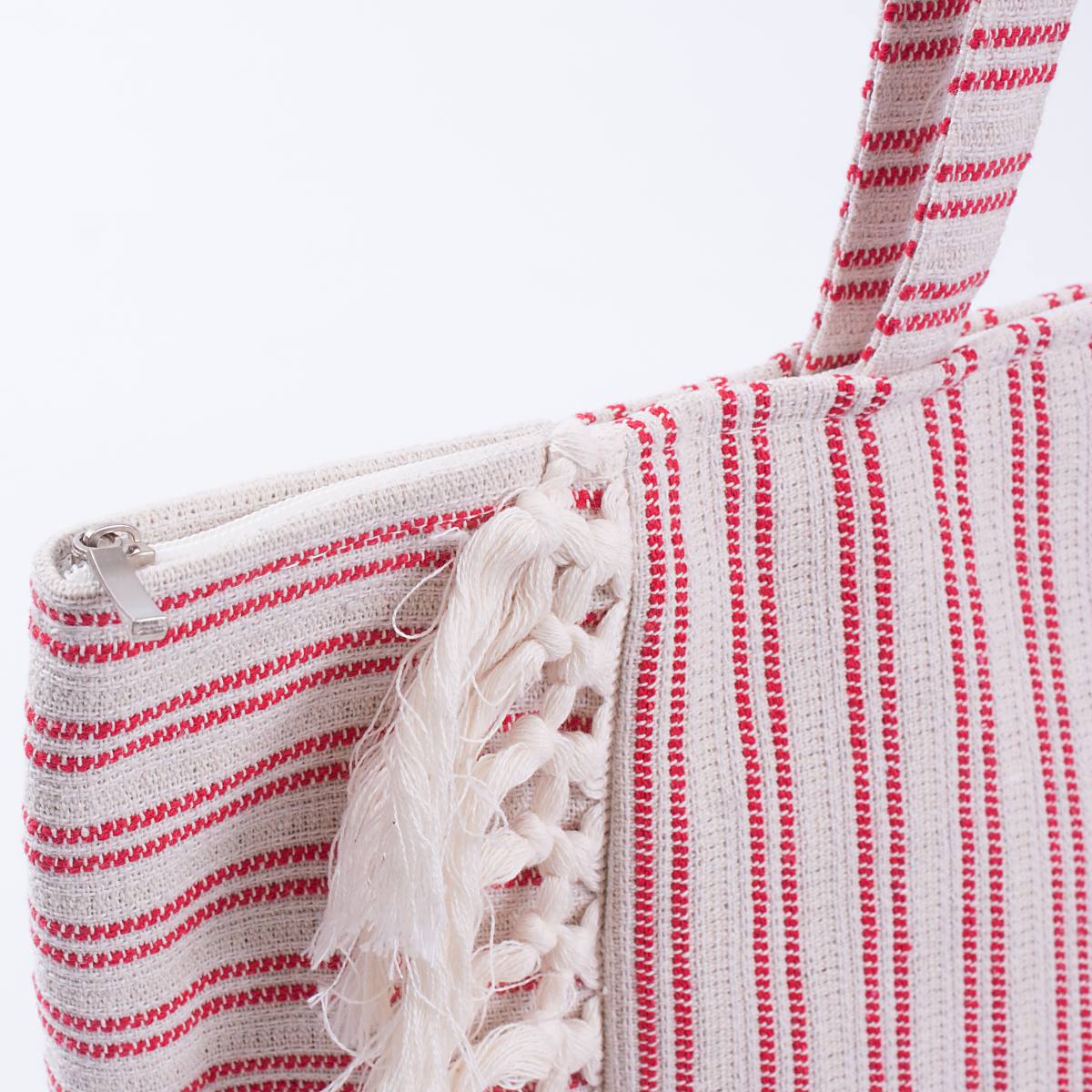 Borsa da mare in cotone a righe rosse con frange, 51x35 cm