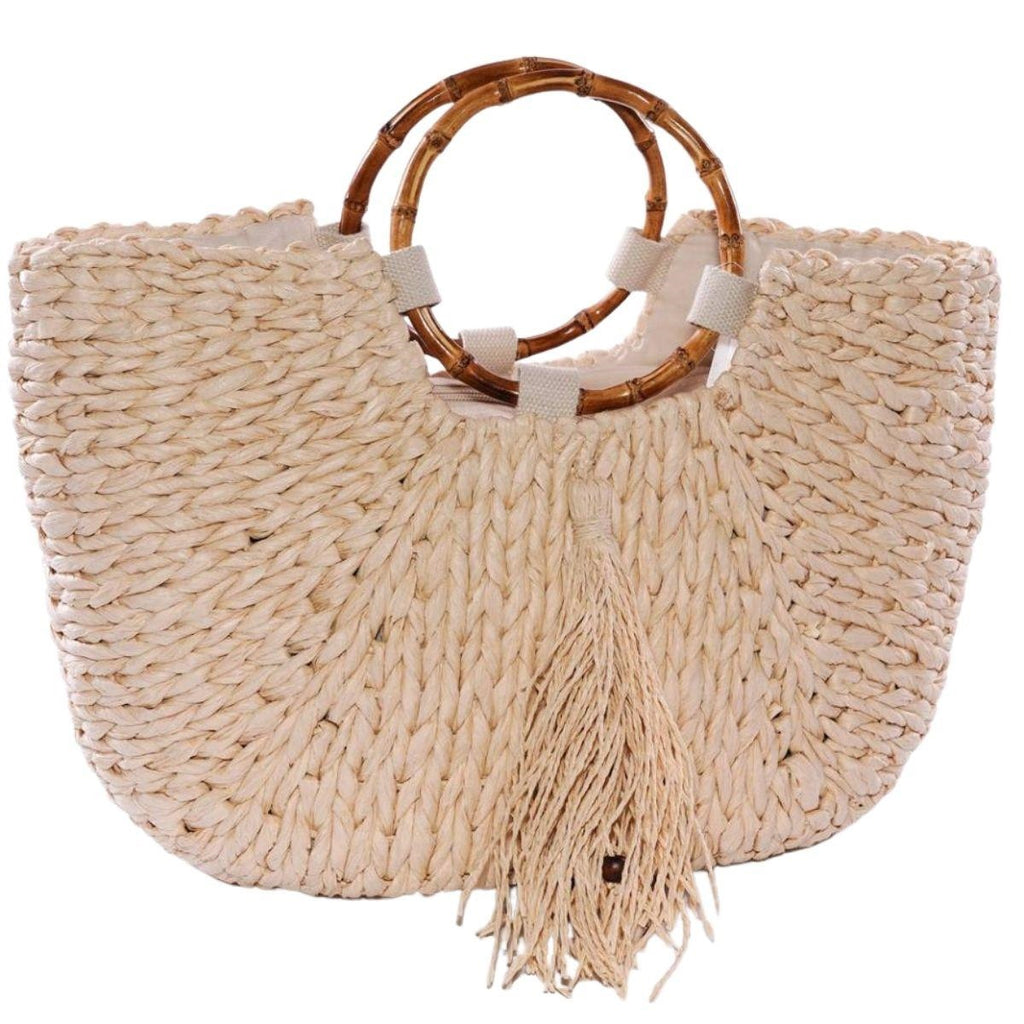 Borsa a mezzaluna in fibre naturali con manici in bambù, 47xH27 cm