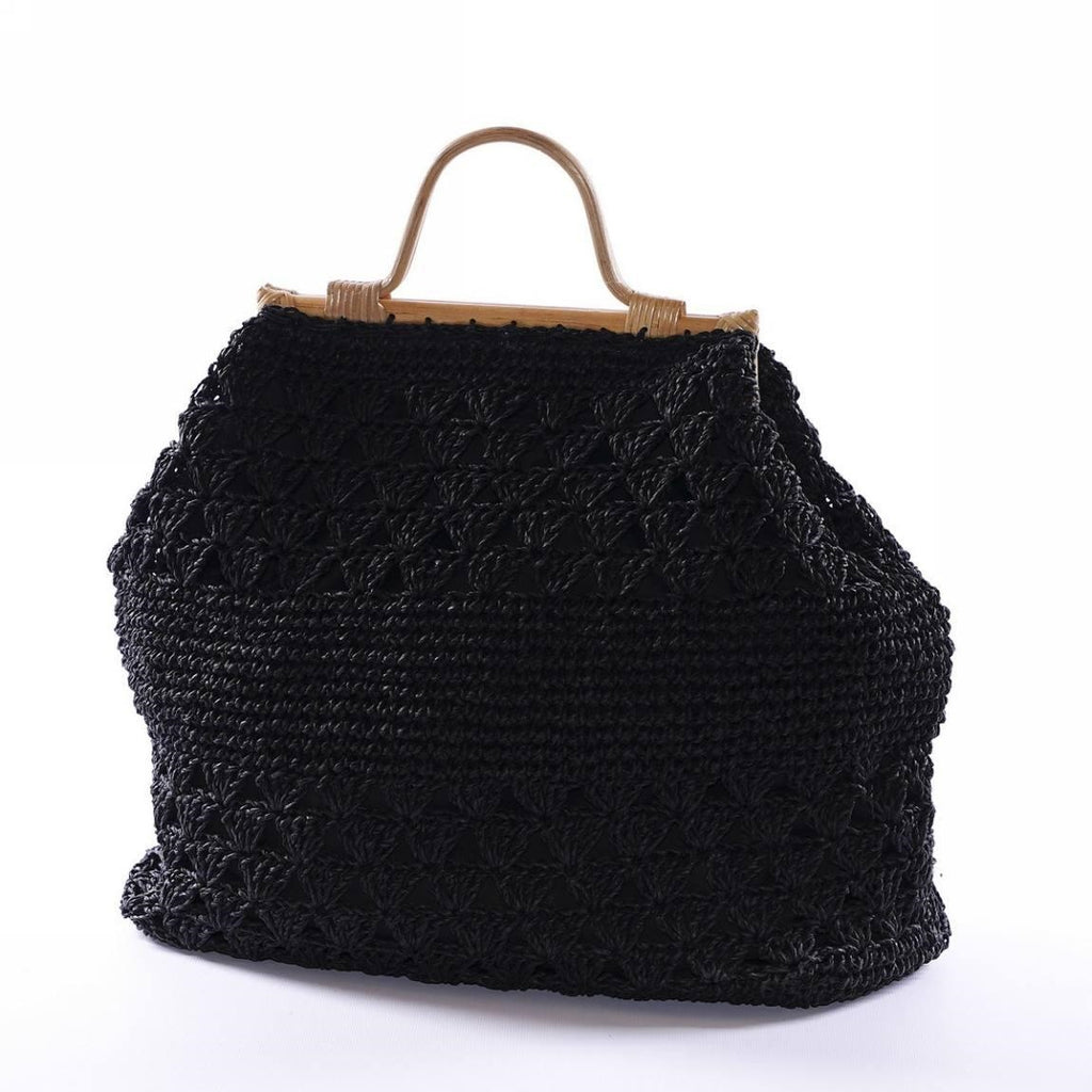 Borsa in carta intrecciata nera con manici in rattan, 50xH41 cm