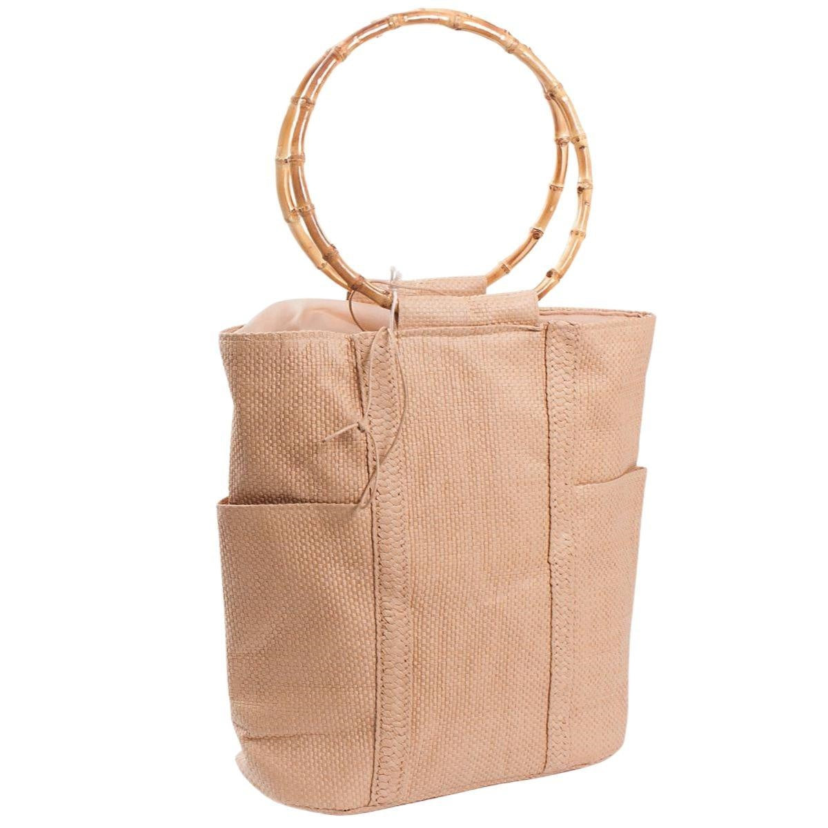 Borsa in fibre naturali rosa cipria con manici tondi in bambù, 48x68 cm