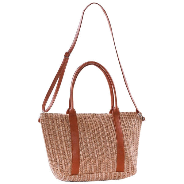 Borsa in fibre naturali a righe con manici e tracolla in ecopelle, 42x35 cm
