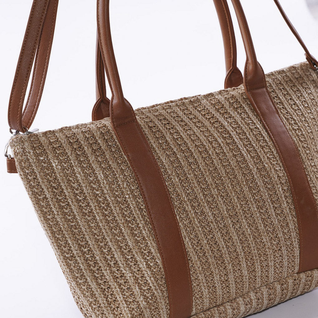 Borsa in fibre naturali a righe con manici e tracolla in ecopelle, 42x35 cm