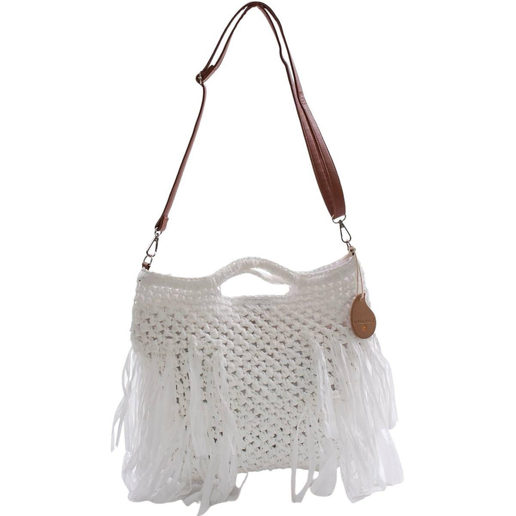 Borsa a tracolla bianca con frange all'uncinetto, 37x25 cm