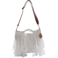 Borsa a tracolla bianca con frange all'uncinetto, 37x25 cm