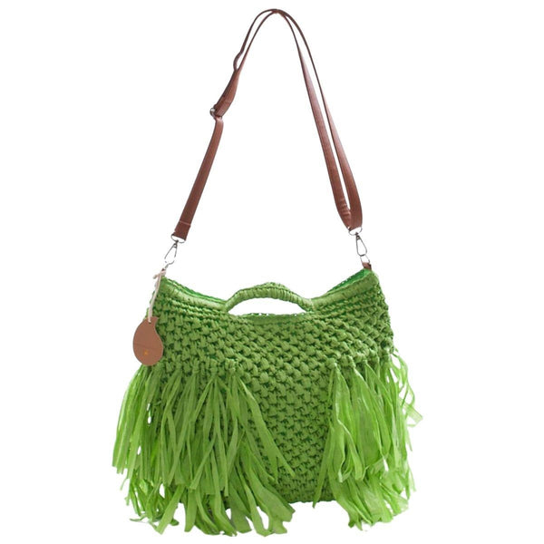 Borsa a tracolla verde con frange all'uncinetto, 37x25 cm