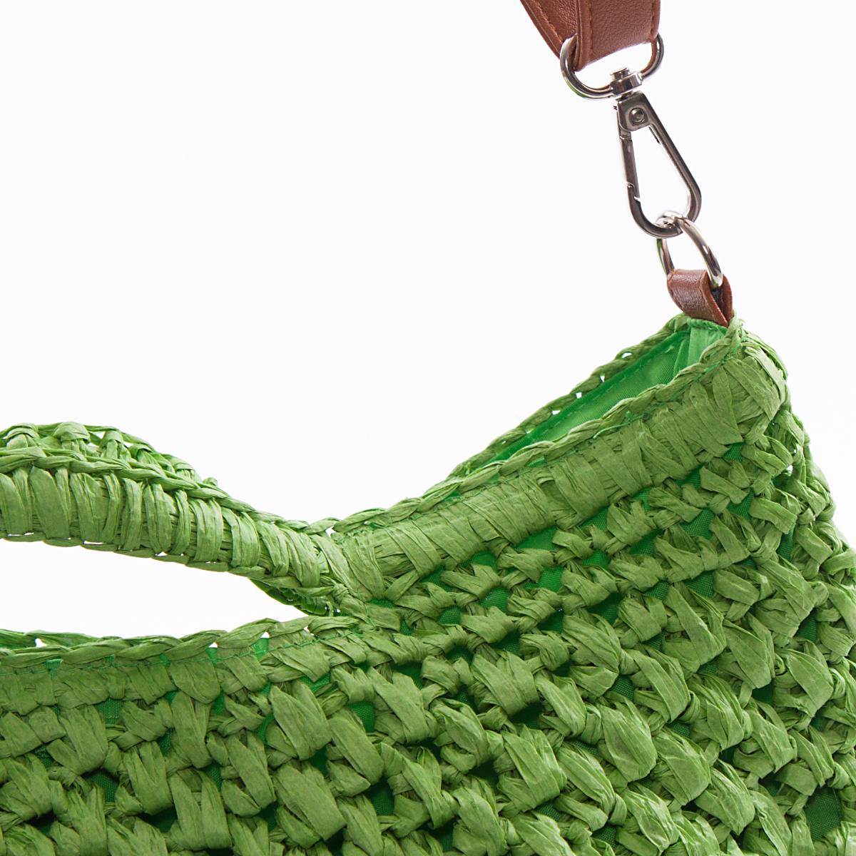 Borsa a tracolla verde con frange all'uncinetto, 37x25 cm
