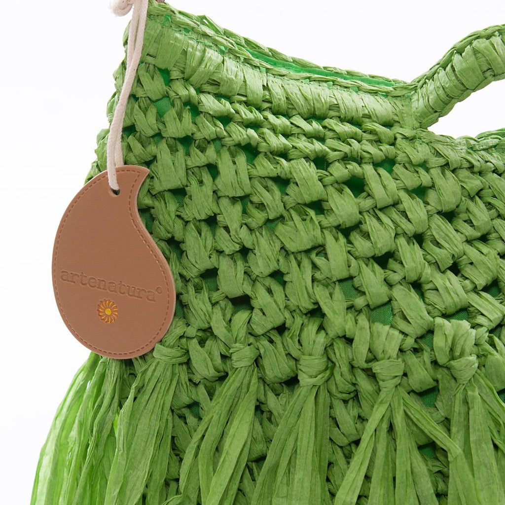 Borsa a tracolla verde con frange all'uncinetto, 37x25 cm