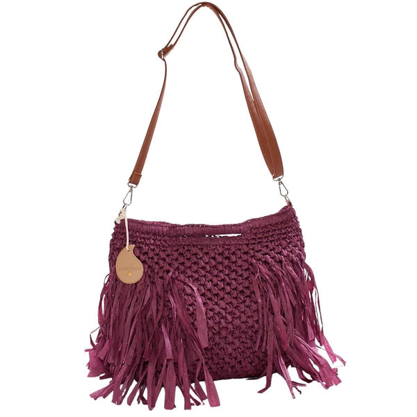 Borsa a tracolla bordeaux con frange, 37x25 cm