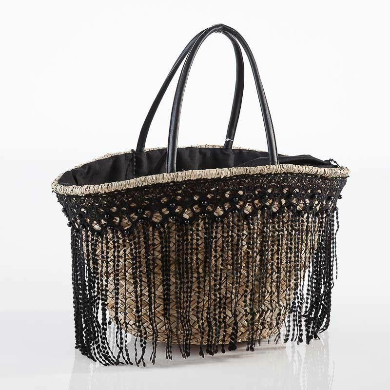 Borsa in palma con frangia nera, 52x25H30 cm