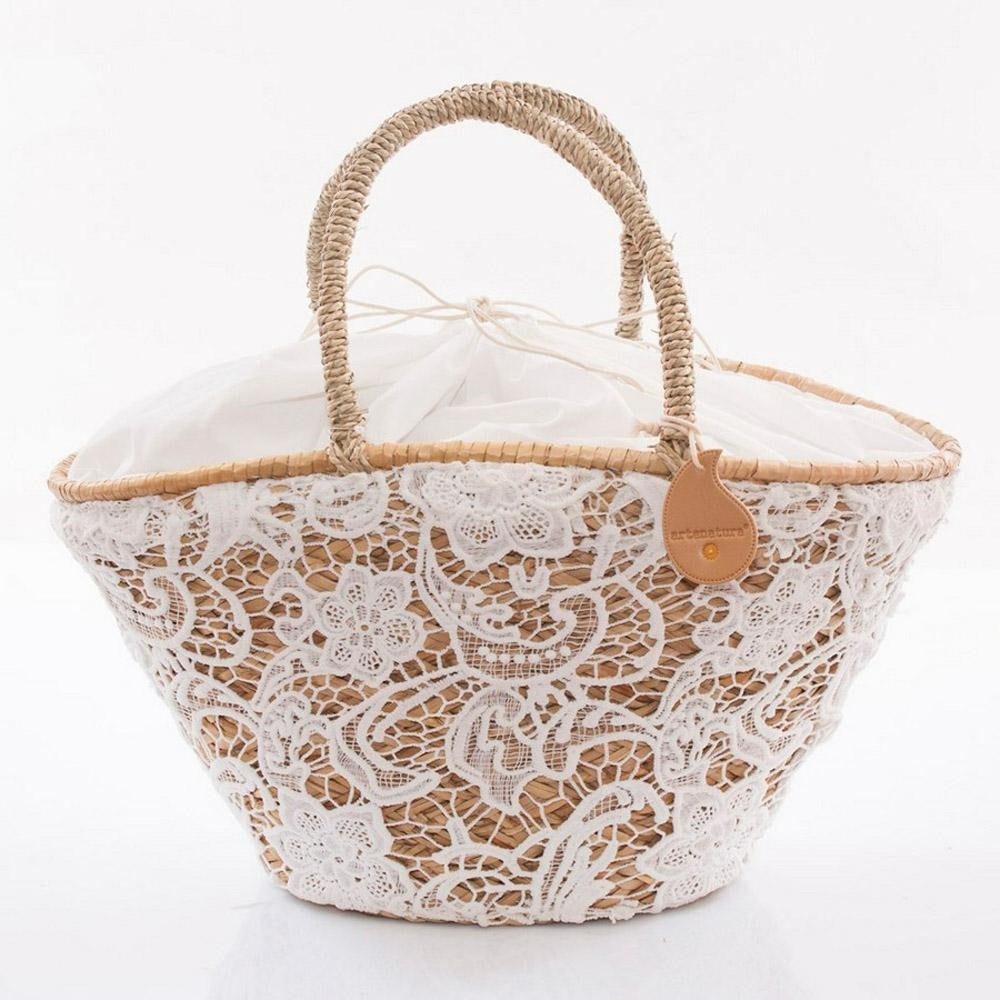Borsa in palma con pizzo bianco, 50H30 cm