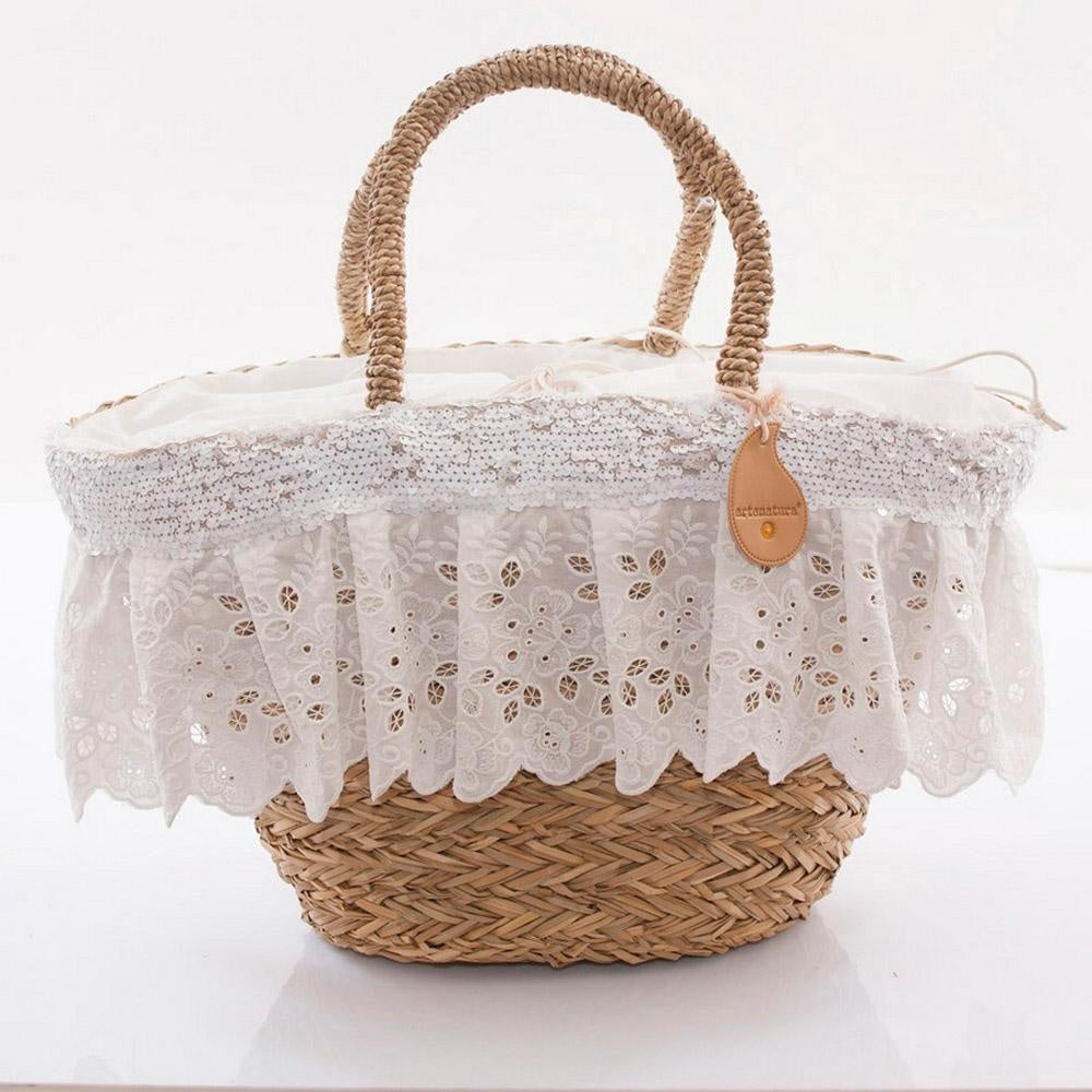 Borsa ovale in erba con volant, 50H30 cm