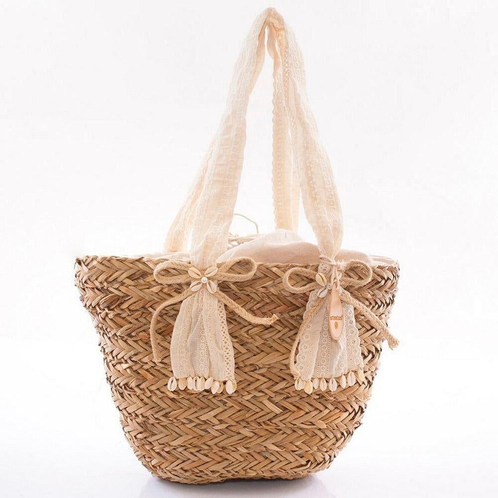 Borsa ovale in erba intrecciata con fiocchi
