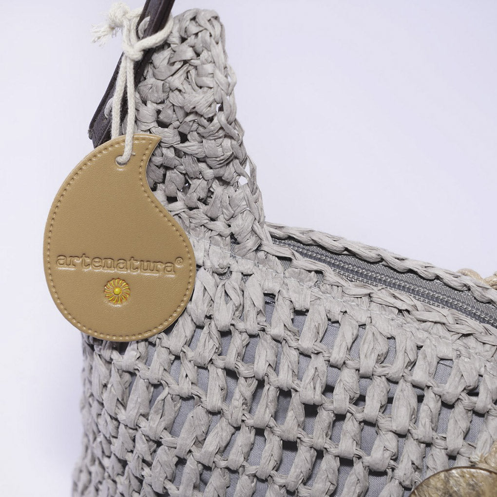 Borsa a tracolla in fibre naturali grigia, 34H33 cm
