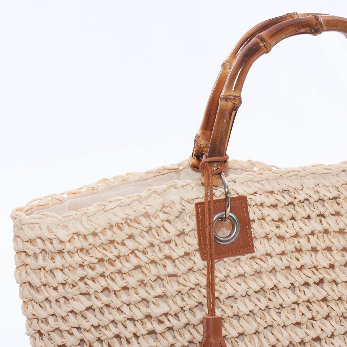 Borsa beige con manici in bambu', 45x35 cm