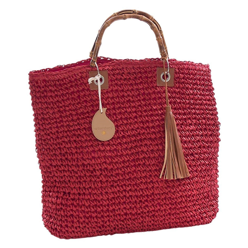 Borsa rossa in fibre naturali all'uncinetto con manici in bambù, 45x35 cm