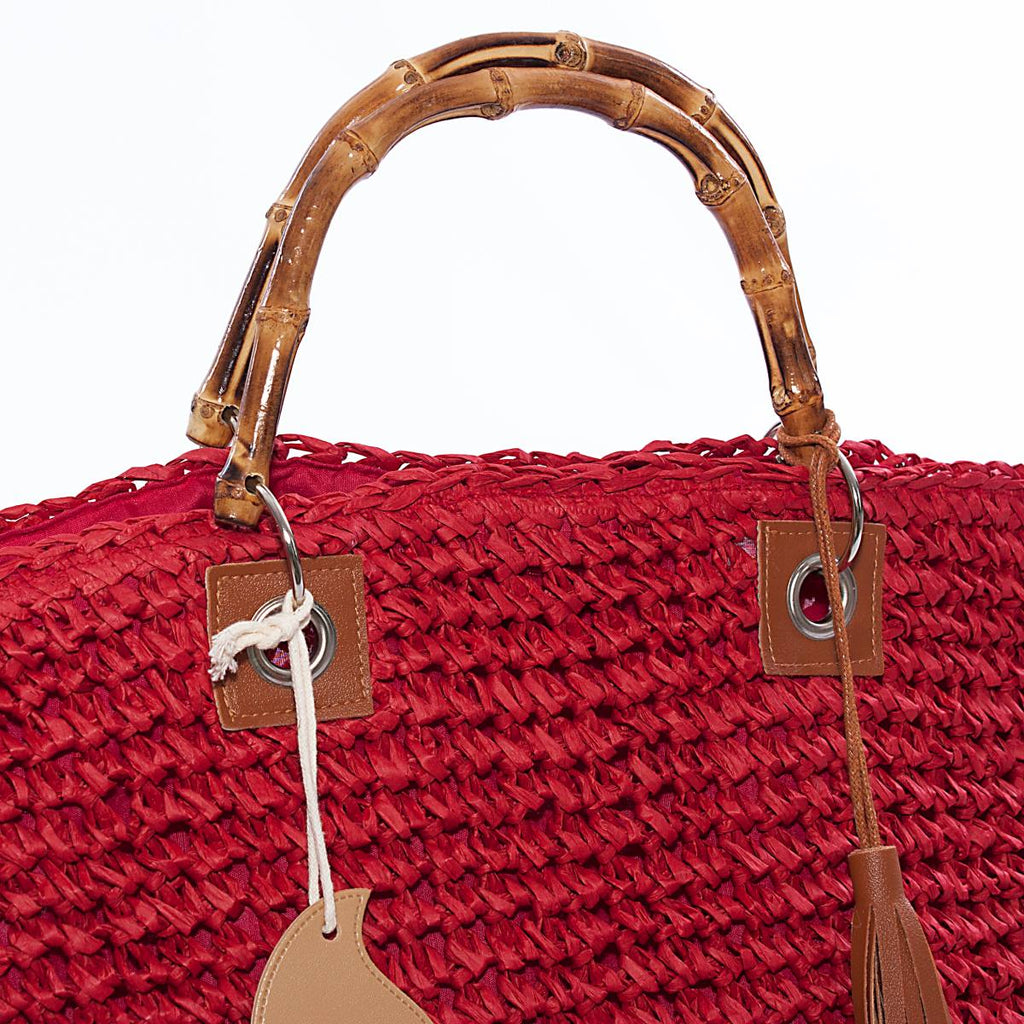Borsa rossa in fibre naturali all'uncinetto con manici in bambù, 45x35 cm