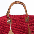 Borsa rossa in fibre naturali all'uncinetto con manici in bambù, 45x35 cm