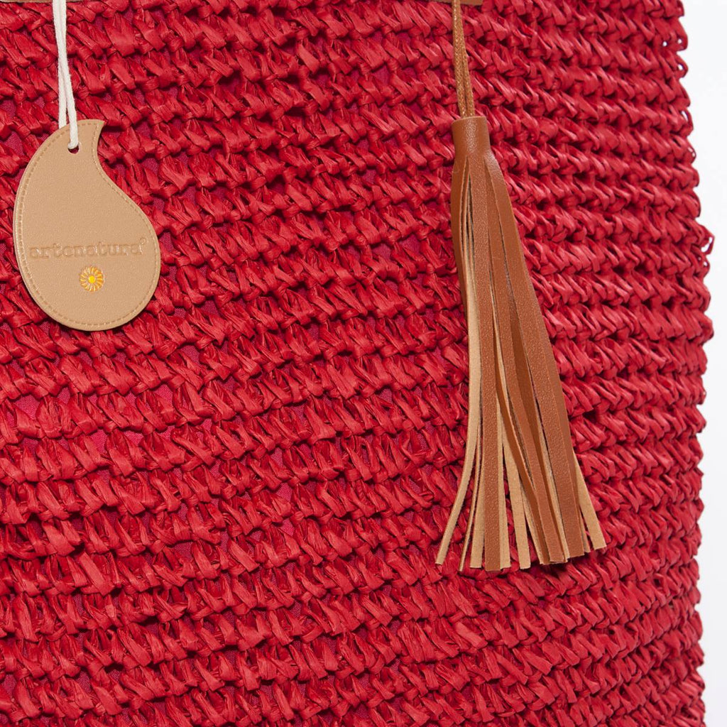 Borsa rossa in fibre naturali all'uncinetto con manici in bambù, 45x35 cm