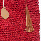 Borsa rossa in fibre naturali all'uncinetto con manici in bambù, 45x35 cm