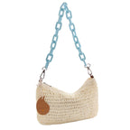Borsetta in fibre naturali panna con catena azzurra, 30x15 cm