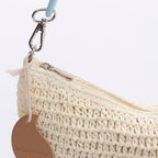 Borsetta in fibre naturali panna con catena azzurra, 30x15 cm